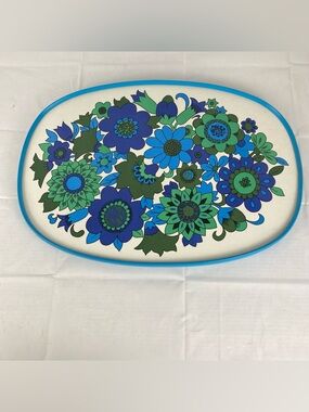 Vintage St. Michael Floral Serving Tray Blue Green Melamine Retro Oval MCM